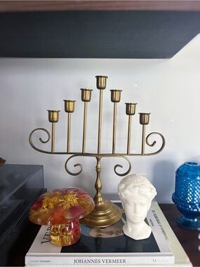 Vintage Solid Brass 7-Arm Candle Candelabra - Gold